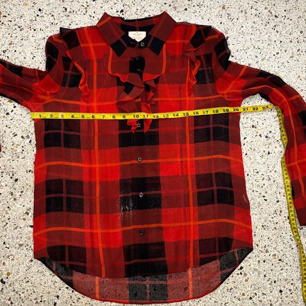 Kate Spade red black woodland plaid chiffon button up down blouse 6